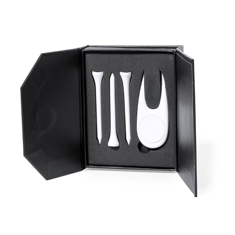 Custom branded golf divot tool and tee set in white gift case
