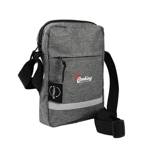 grey eco RPET shoulder bag with full-colour logo print, front view