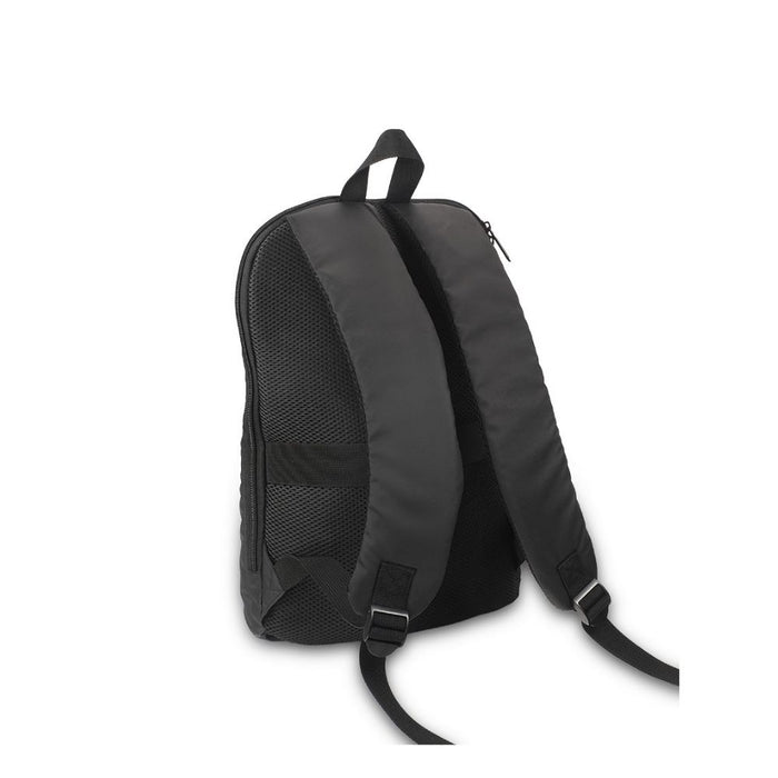 black 12L laptop backpack, back view with padded straps and mesh back panel, portrait