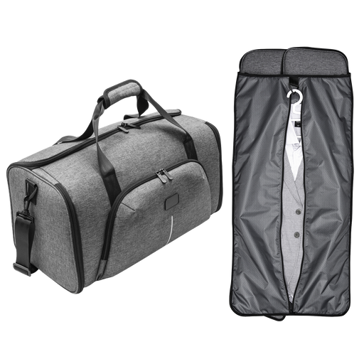Custom branded grey RPET travel bag with garment cover