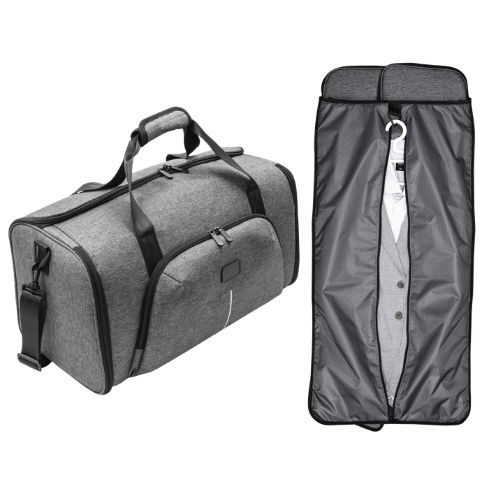 Custom branded grey RPET travel bag with garment cover