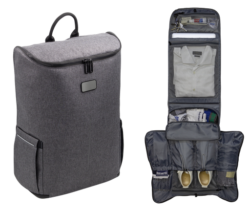 Custom branded grey RPET backpack with garment organiser