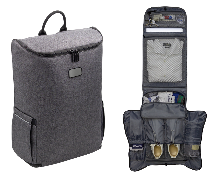 Custom branded grey RPET backpack with garment organiser