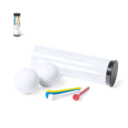 Custom branded golf set with balls and tees in a clear container