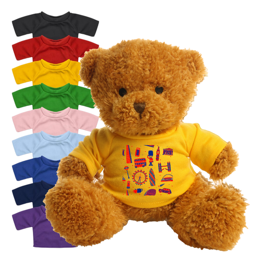18cm custom teddy bear with yellow printed T-shirt logo