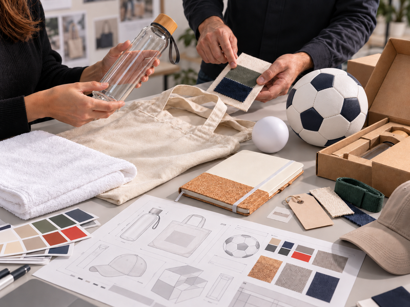 Two people reviewing fabric and colour swatches, product samples and design sketches laid out on a workbench