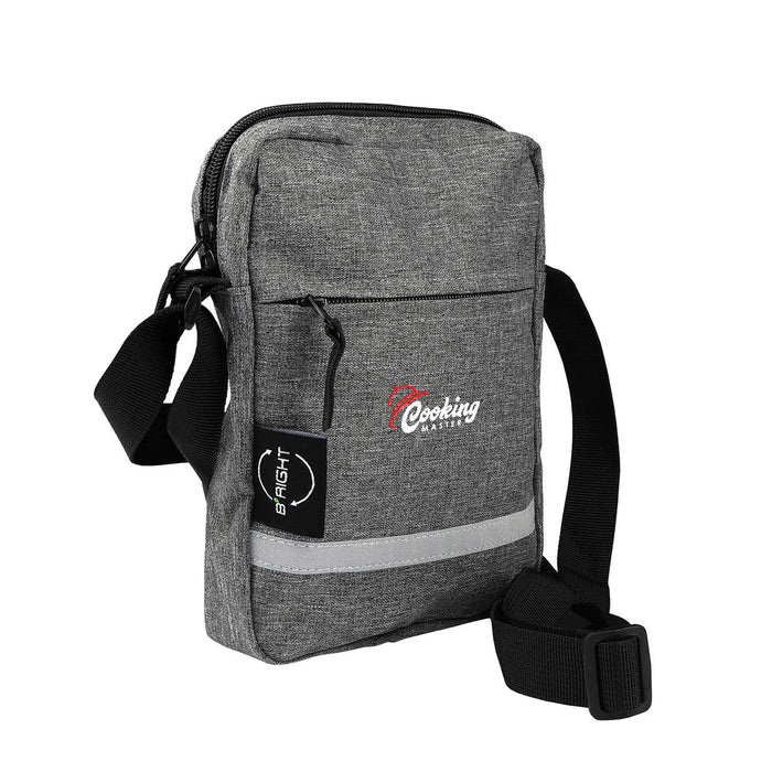 grey eco RPET shoulder bag with full-colour logo print, front view