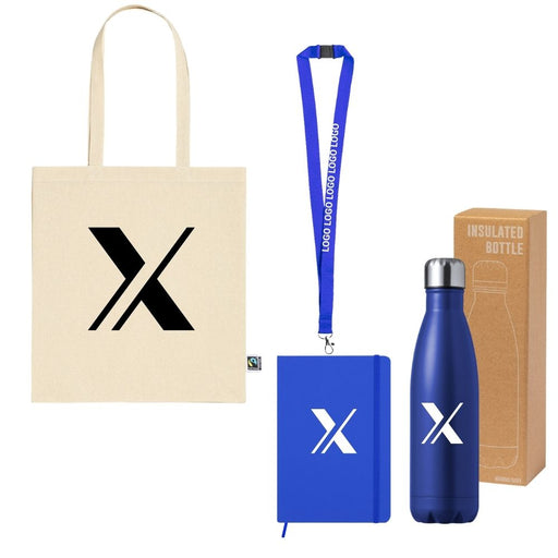 Custom employee welcome pack with reusable tote, insulated bottle, and logo notebook