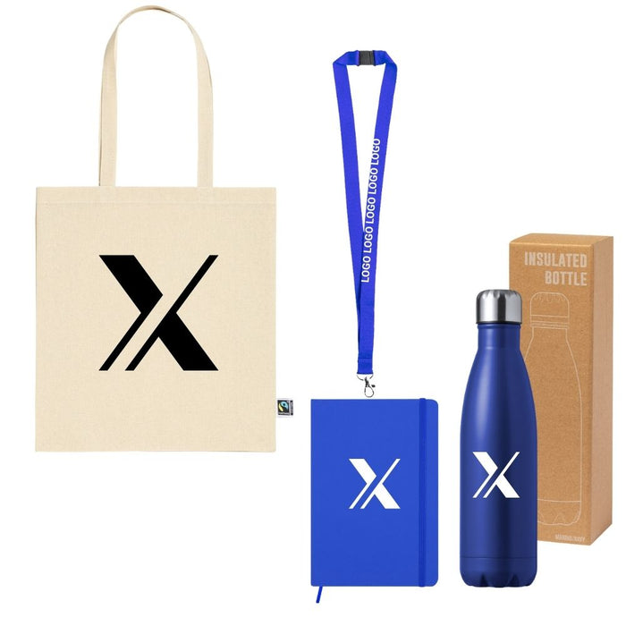 Custom employee welcome pack with reusable tote, insulated bottle, and logo notebook