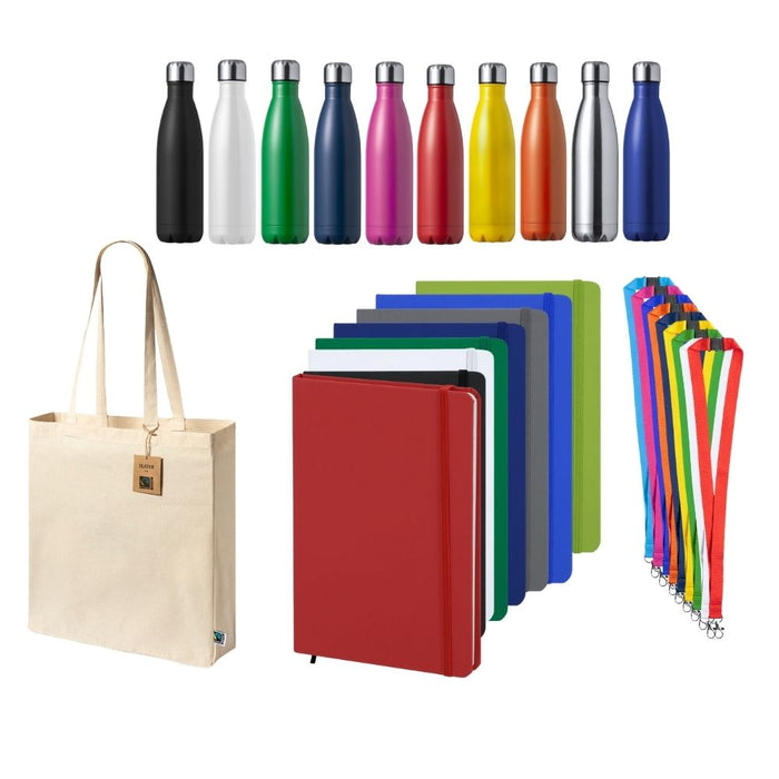 UK branded welcome pack for new employees featuring tote bag, bottle, notebook, and lanyard