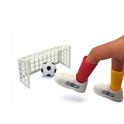 Close-up of finger football sock shoe with custom logo print placement area