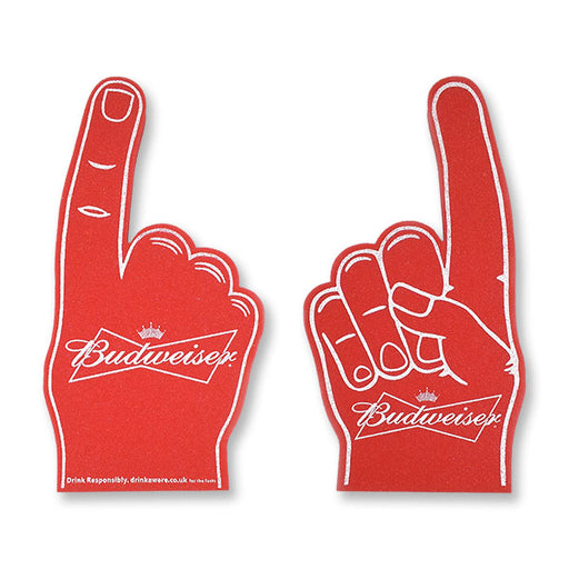 custom branded foam cheering hand in red with logo print, sports event giveaway