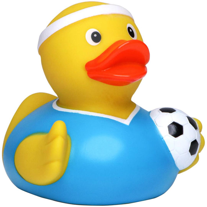 Football rubber duck in green and yellow kit with mini football – front view
