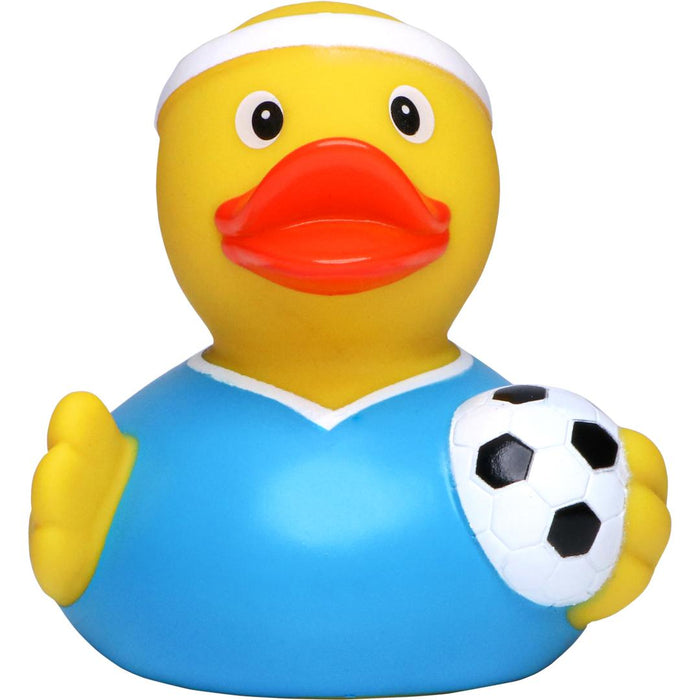 Football rubber duck bath toy – side angle showing mini football