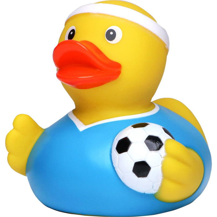 Green and yellow football rubber duck – close up detail