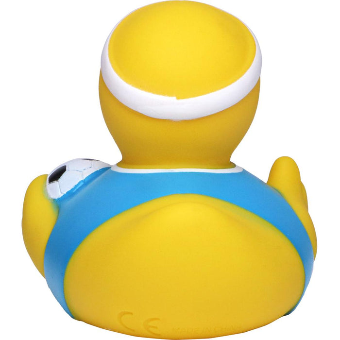 Football themed promotional rubber duck – back view showing logo position