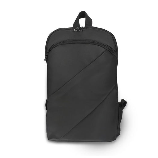 black 12L laptop backpack, front view with branding area for transfer print