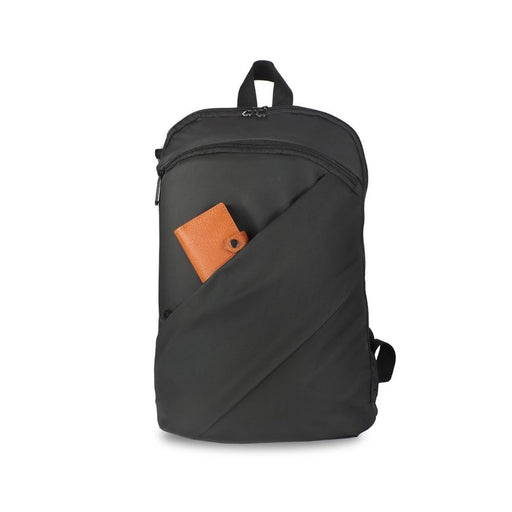 black 12L laptop backpack, front view with quick-access pocket