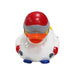 Ski Racer rubber duck – side angle showing mini skis and poles