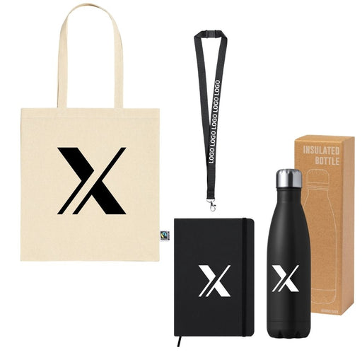 Branded onboarding gift set with cotton tote bag, metal water bottle, notebook, and lanyard