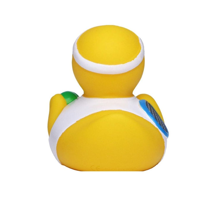 Promotional tennis rubber duck – back view showing logo position