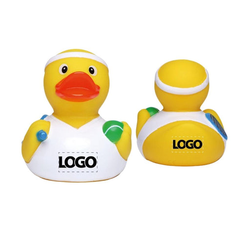 Branded tennis rubber duck – front and back views with logo print areas