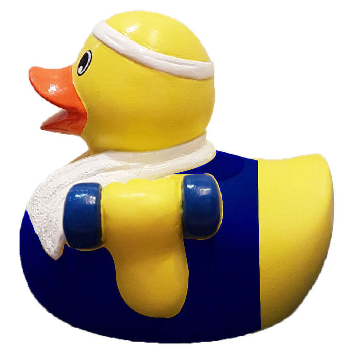 Gym themed rubber duck – side angle showing sweatband and towel