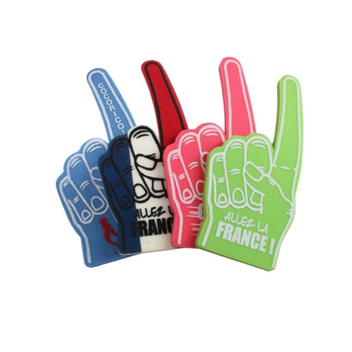 Assorted EVA foam fingers in red, blue, green and black with custom logo for fan events.