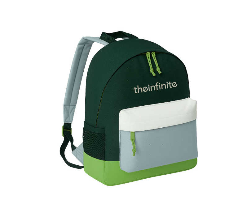 Fully customisable adult backpack in green, grey and white with matching zips