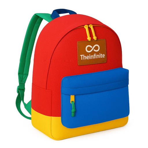 Fully customisable kids backpack in red, blue, yellow and green