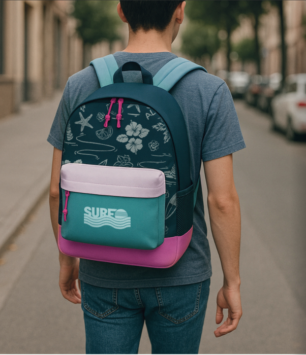 Custom colour backpack with printed design worn on the street