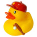 Baseball rubber duck with red cap and bat – front view