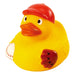 Baseball rubber duck with red cap, ball and catcher's mitt – front view