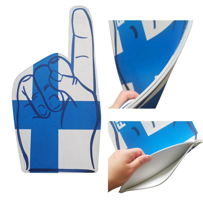 Blue and white flag EVA foam finger with sewn-edge 4 mm detail, custom printed both sides.