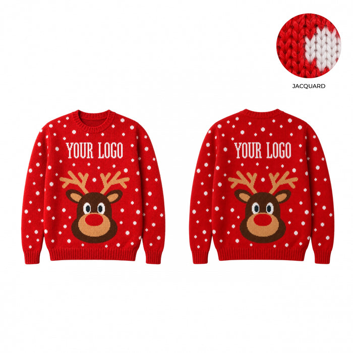 Custom branded red Christmas jumper with a knitted reindeer and your logo, front and back