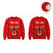 Custom branded red Christmas jumper with a knitted reindeer and your logo, front and back