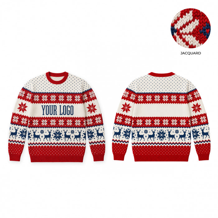 Custom branded Christmas jumper in a red, white and blue snowflake and reindeer jacquard knit, front and back, with your logo across the chest