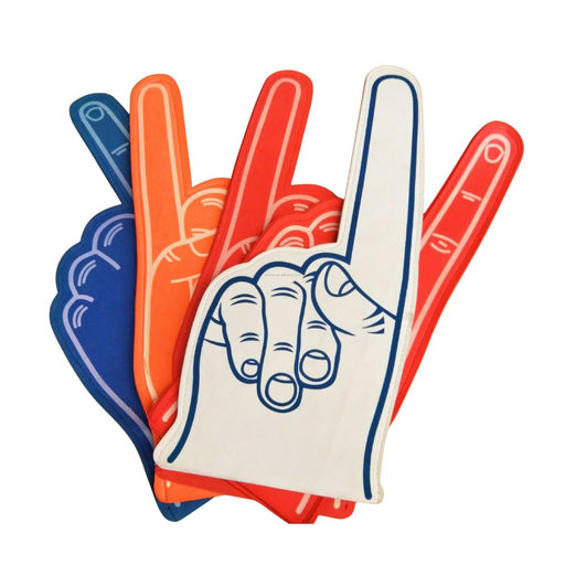 Assorted EVA foam cheering hands in team colours with custom logo print, sewn-edge finish.