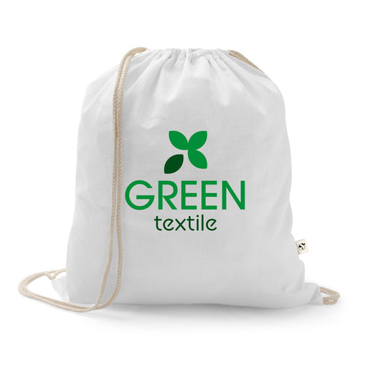 Custom branded white recycled cotton drawstring backpack with logo print, ideal for eco promotional events.
