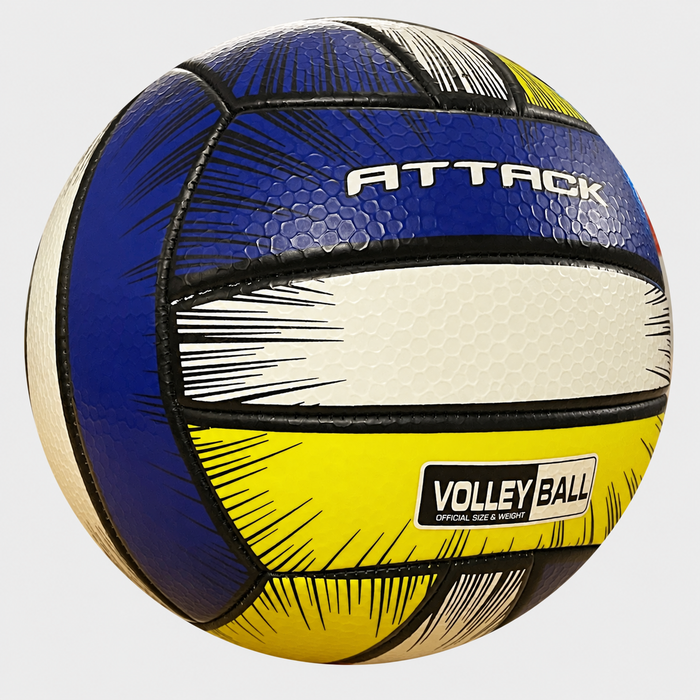 Custom branded volleyball in blue, white and yellow, official size and weight