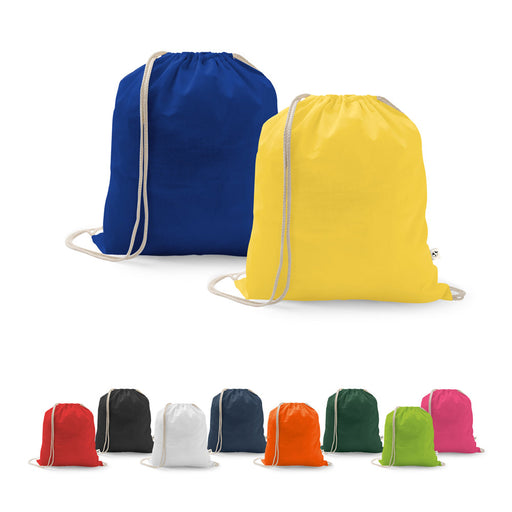 Custom branded yellow and blue recycled cotton drawstring backpacks with logo print, ideal for giveaways and events.