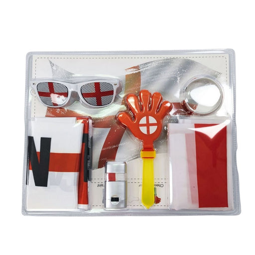 Custom England football World Cup 2026 supporters kit with flag, clapper, glasses and fan gear