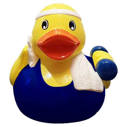 Workout rubber duck in blue vest with dumbbell – front view
