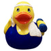 Workout rubber duck in blue vest with dumbbell – front view
