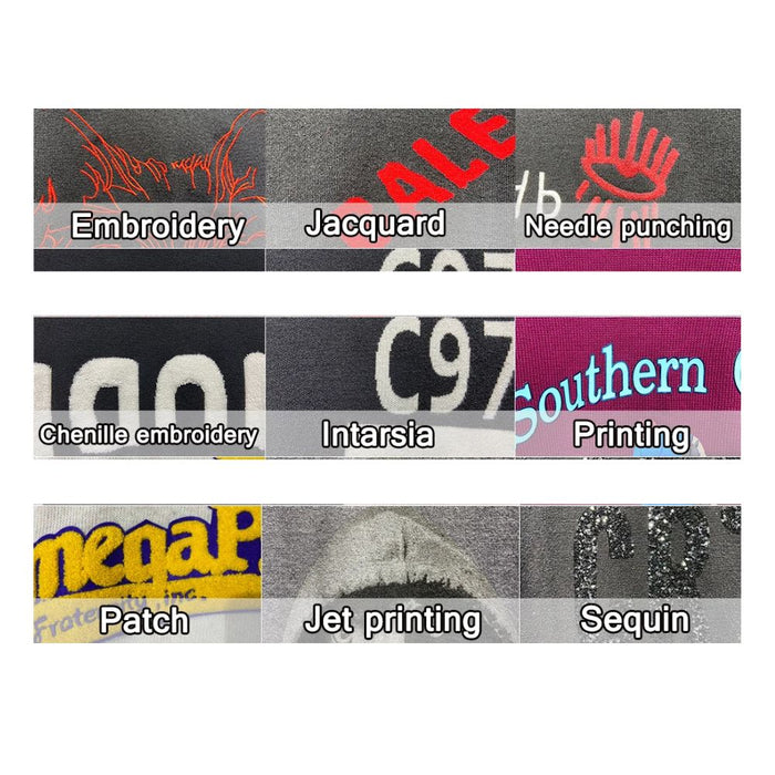 Comparison of various fabric finishing techniques with labels below each.