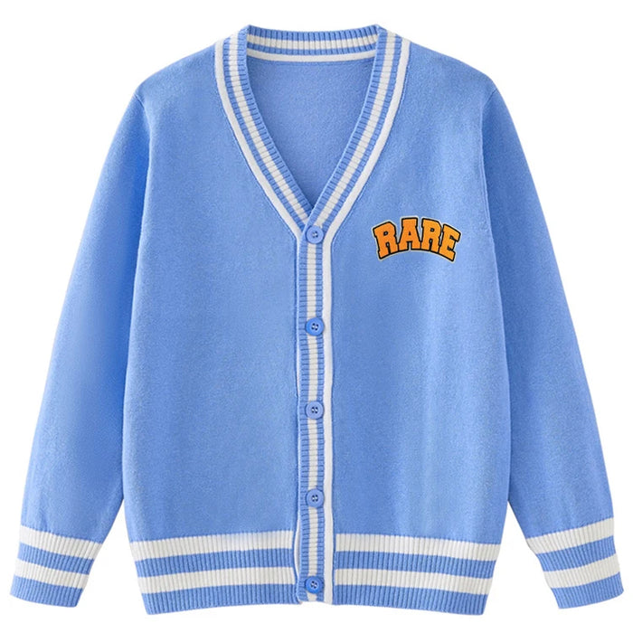 Light blue button-front cardigan with white stripe hem and embroidered detail