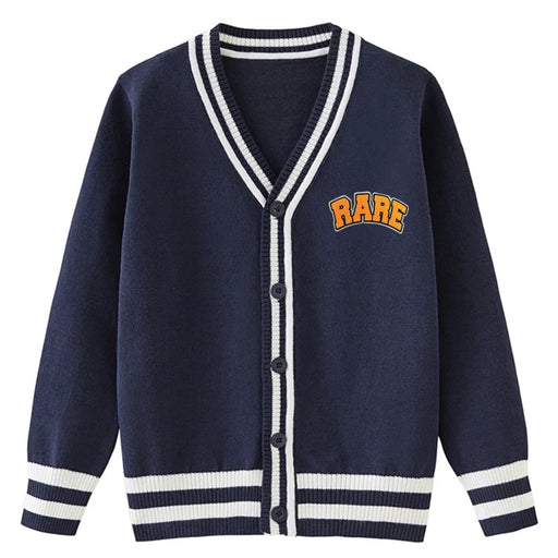 Navy blue cardigan with white trim and custom branding 