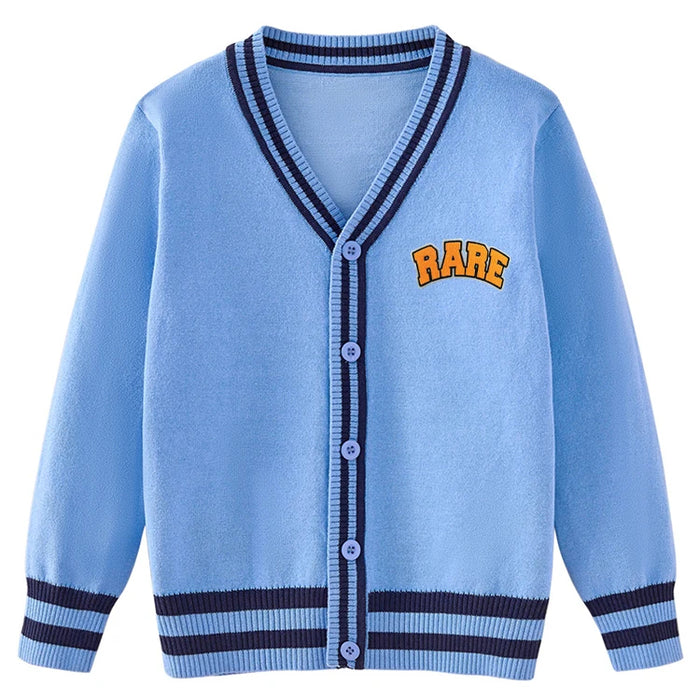 Sky blue jacquard cardigan showing white contrast stripe and button closure and custom branding