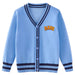 Sky blue jacquard cardigan showing white contrast stripe and button closure and custom branding