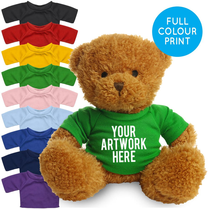brown teddy bear with green tee shirt 